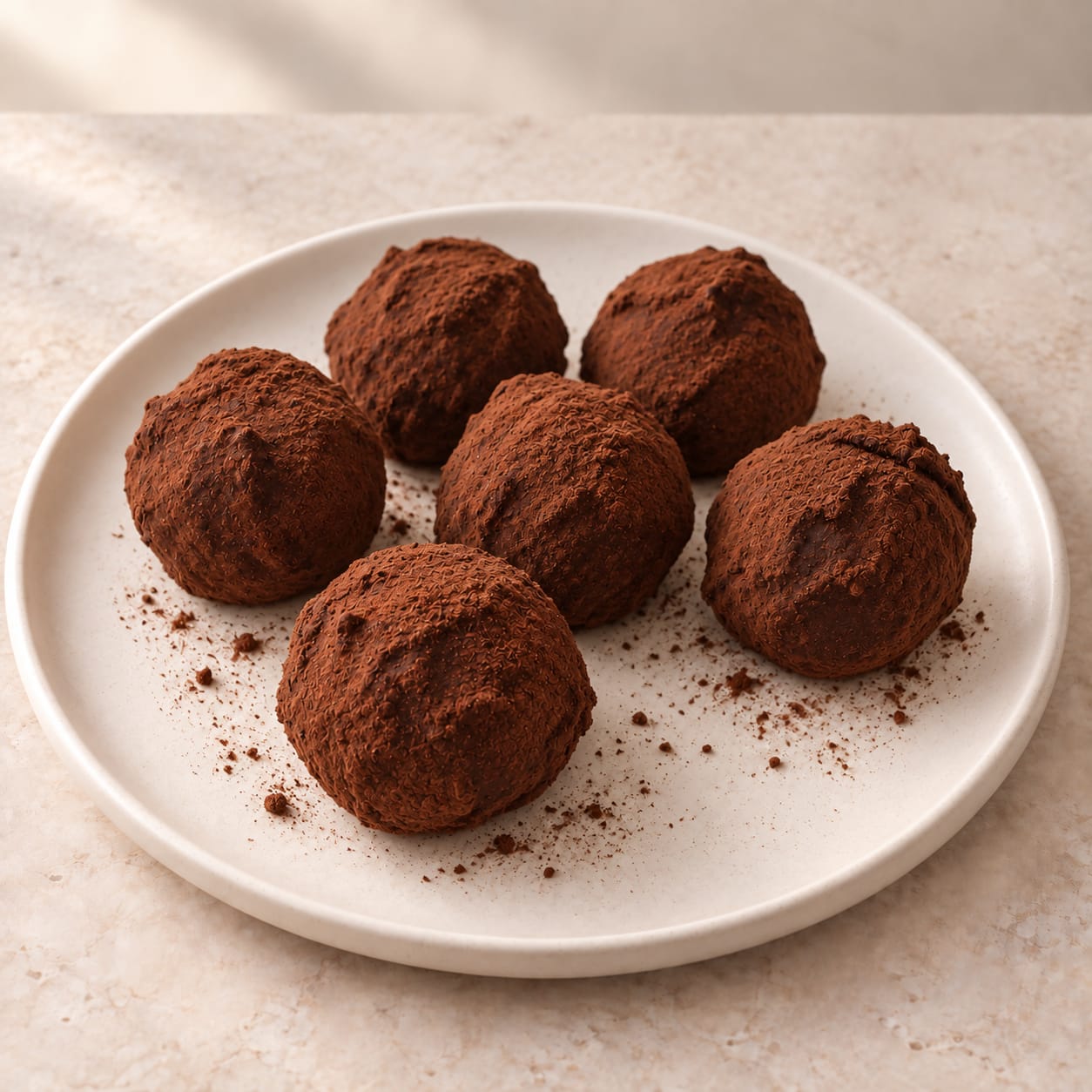 Presentación de trufas de chocolate cubiertas de cacao sobre cerámica clara